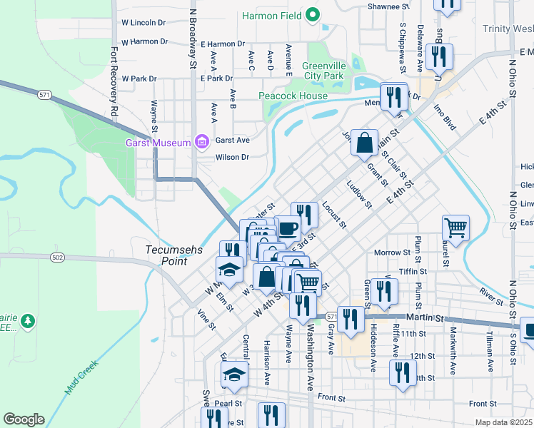 map of restaurants, bars, coffee shops, grocery stores, and more near 203 East Water Street in Greenville