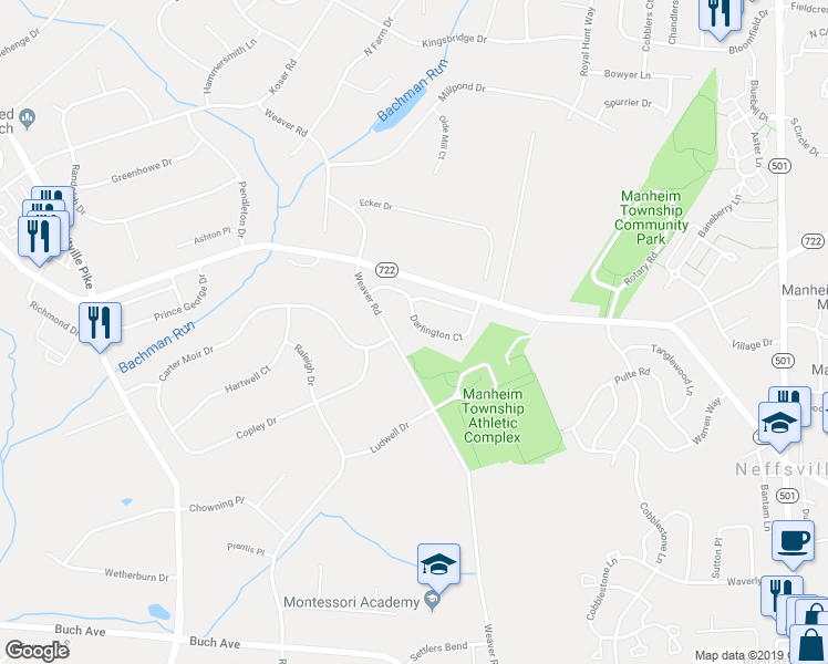 map of restaurants, bars, coffee shops, grocery stores, and more near 362 Darlington Court in Lancaster