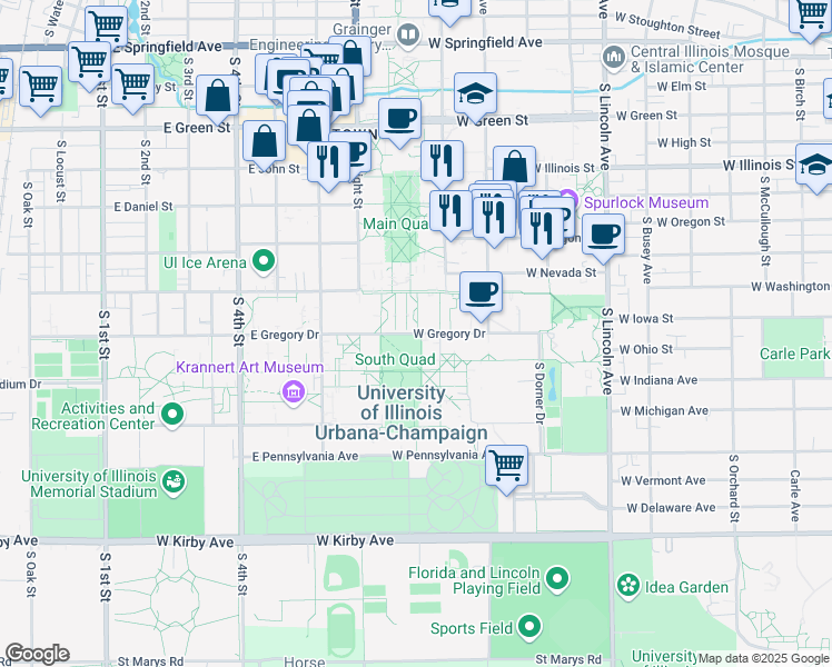 map of restaurants, bars, coffee shops, grocery stores, and more near 1408 West Gregory Drive in Urbana