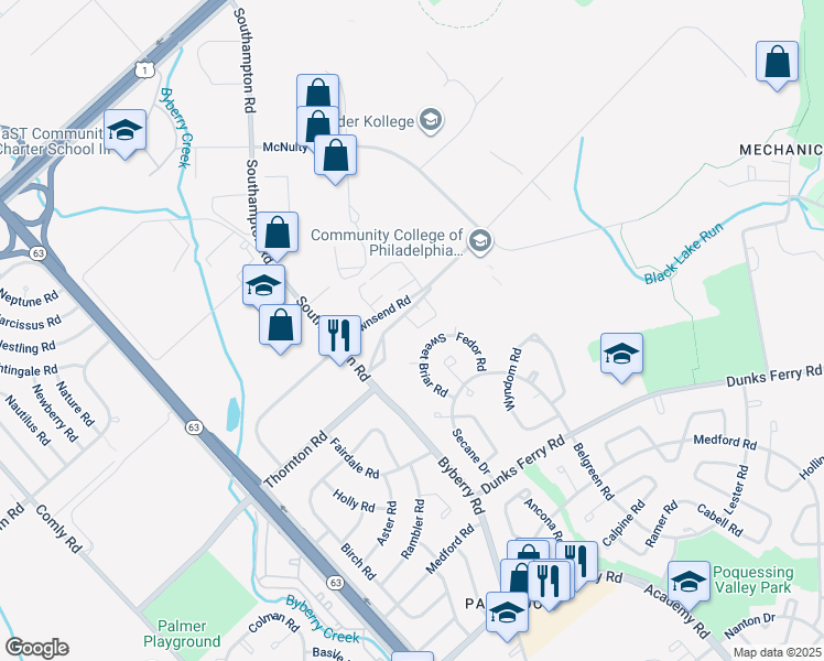 map of restaurants, bars, coffee shops, grocery stores, and more near 13019 Townsend Road in Philadelphia