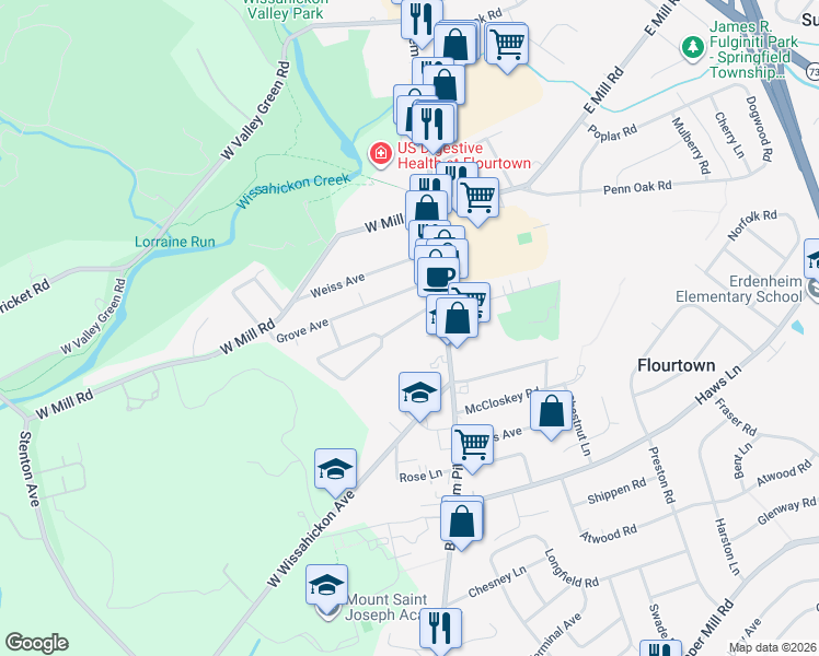map of restaurants, bars, coffee shops, grocery stores, and more near 32 College Avenue in Flourtown