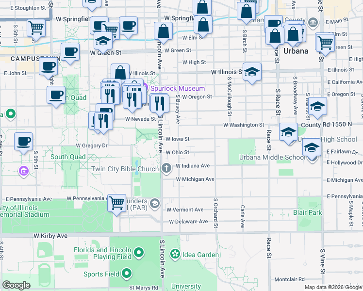 map of restaurants, bars, coffee shops, grocery stores, and more near 1006 South Busey Avenue in Urbana