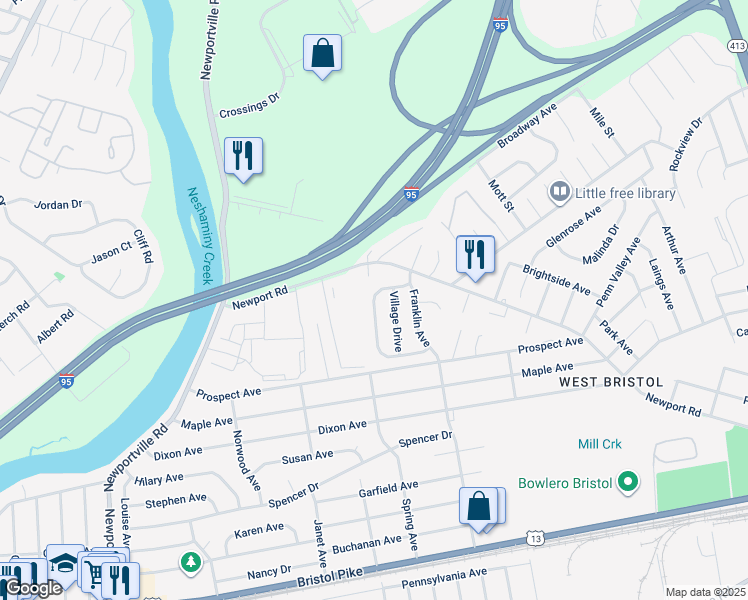 map of restaurants, bars, coffee shops, grocery stores, and more near 1978 Colonial Dr in Croydon