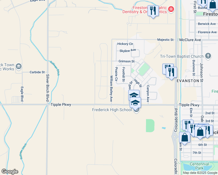 map of restaurants, bars, coffee shops, grocery stores, and more near 7005 Shavano Circle in Longmont