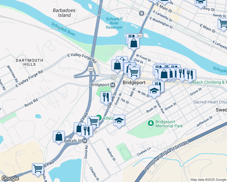 map of restaurants, bars, coffee shops, grocery stores, and more near 612 DeKalb Street in Bridgeport