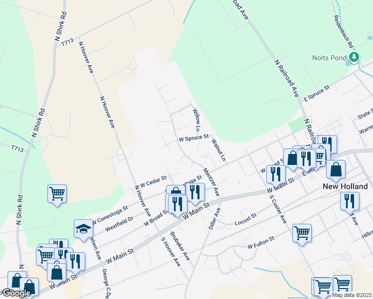 map of restaurants, bars, coffee shops, grocery stores, and more near 30 Ashlea Village in New Holland