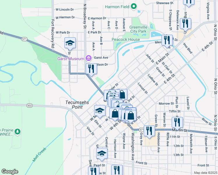 map of restaurants, bars, coffee shops, grocery stores, and more near 203 East Water Street in Greenville