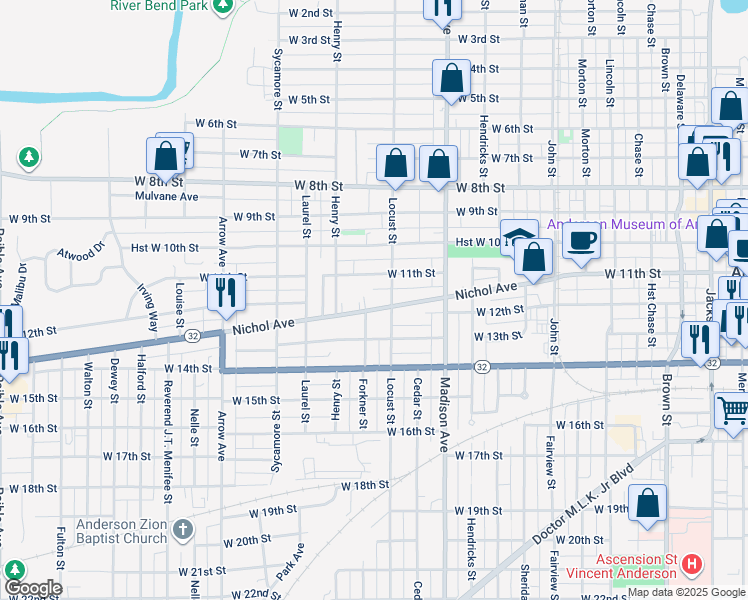 map of restaurants, bars, coffee shops, grocery stores, and more near 1222 Nichol Avenue in Anderson