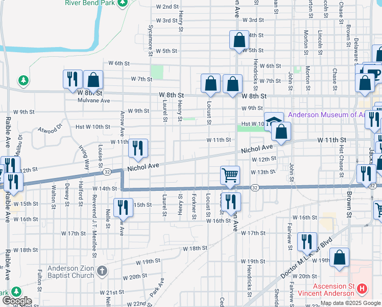 map of restaurants, bars, coffee shops, grocery stores, and more near 1222 Nichol Avenue in Anderson