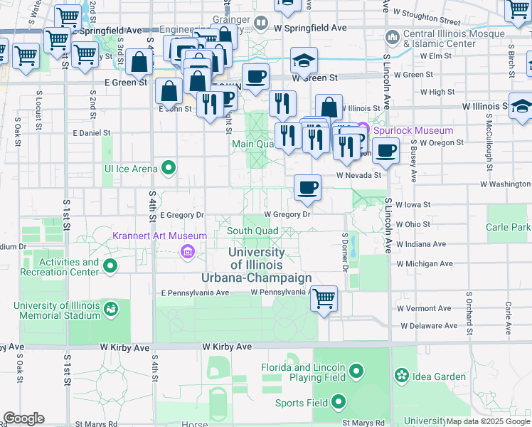 map of restaurants, bars, coffee shops, grocery stores, and more near 1301 West Gregory Drive in Champaign