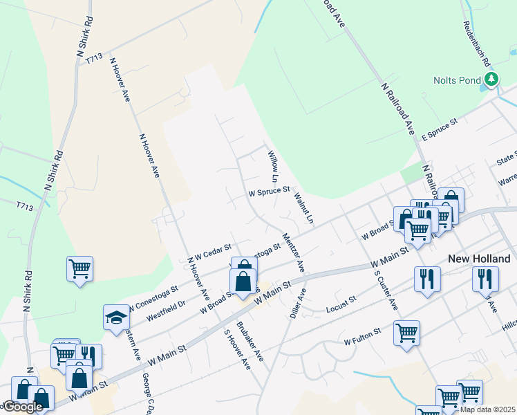 map of restaurants, bars, coffee shops, grocery stores, and more near 30 Ashlea Village in New Holland