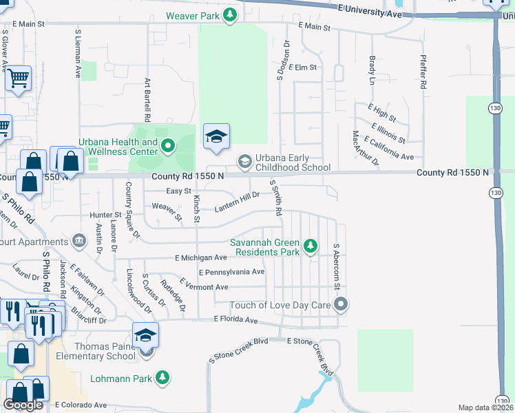 map of restaurants, bars, coffee shops, grocery stores, and more near 2306 Rainbow View in Urbana