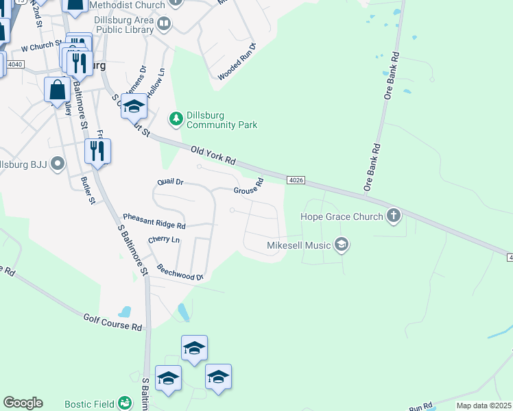map of restaurants, bars, coffee shops, grocery stores, and more near 1118 Park Avenue in Dillsburg