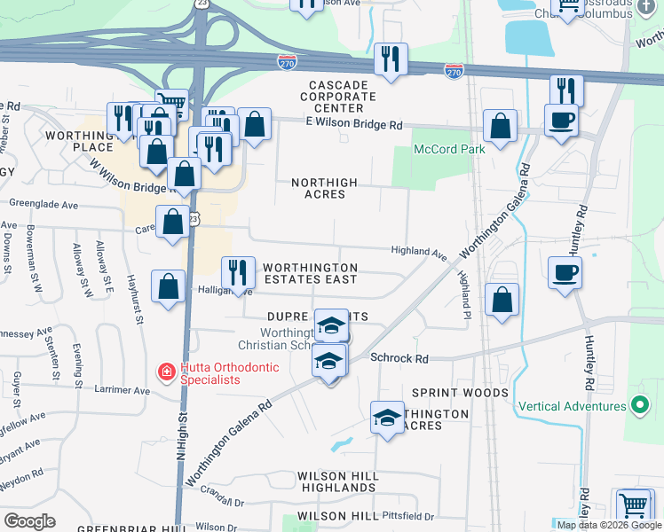 map of restaurants, bars, coffee shops, grocery stores, and more near 215 Abbot Avenue in Worthington