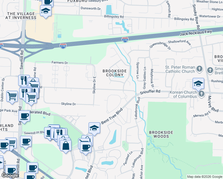 map of restaurants, bars, coffee shops, grocery stores, and more near 2116 Bentwood Circle in Columbus