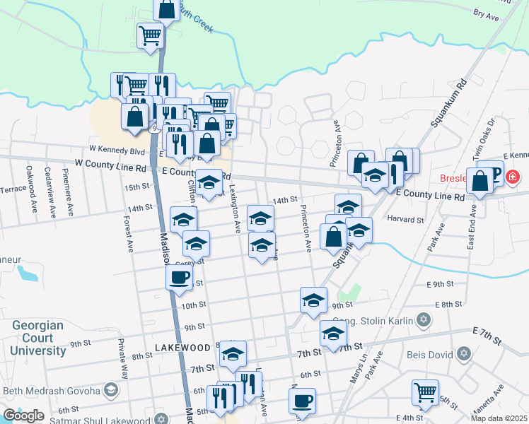 map of restaurants, bars, coffee shops, grocery stores, and more near 1400 Monmouth Avenue in Lakewood Township