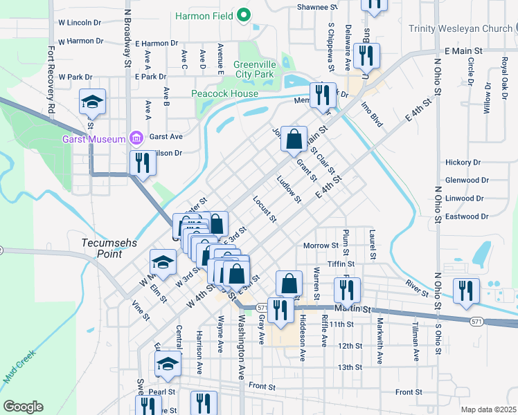 map of restaurants, bars, coffee shops, grocery stores, and more near 339 East 3rd Street in Greenville