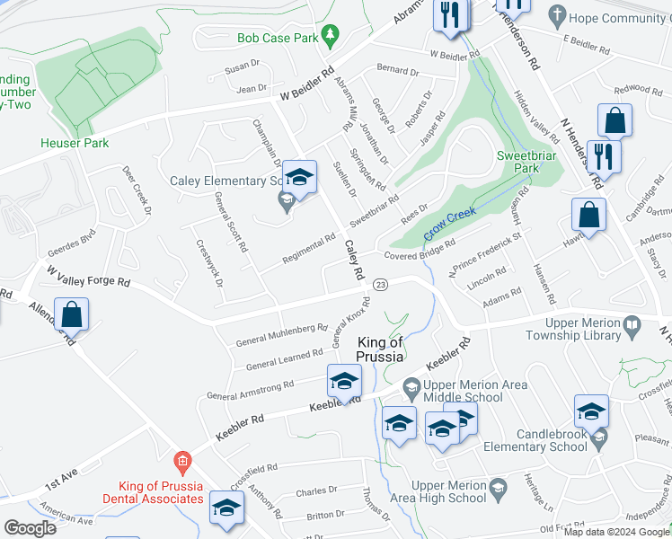 map of restaurants, bars, coffee shops, grocery stores, and more near 409 Covered Bridge Road in King of Prussia