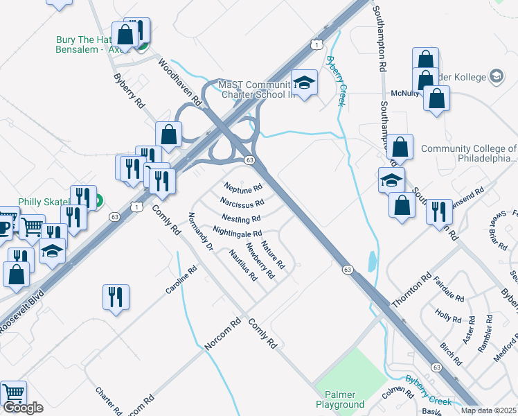 map of restaurants, bars, coffee shops, grocery stores, and more near 2841 Narcissus Road in Philadelphia