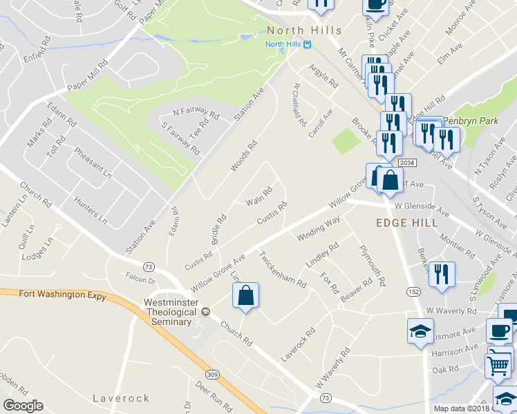 map of restaurants, bars, coffee shops, grocery stores, and more near 525 Waln Road in Glenside