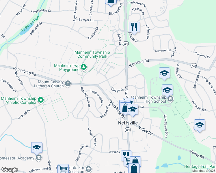 map of restaurants, bars, coffee shops, grocery stores, and more near 60 Village Drive in Lancaster