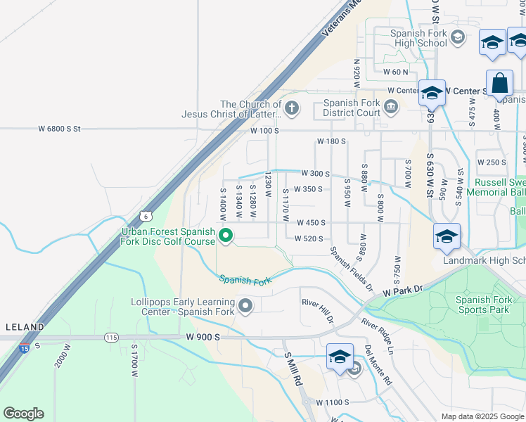 map of restaurants, bars, coffee shops, grocery stores, and more near 449 South 1230 West in Spanish Fork