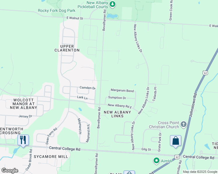 map of restaurants, bars, coffee shops, grocery stores, and more near 6810 Margarum Bend in New Albany