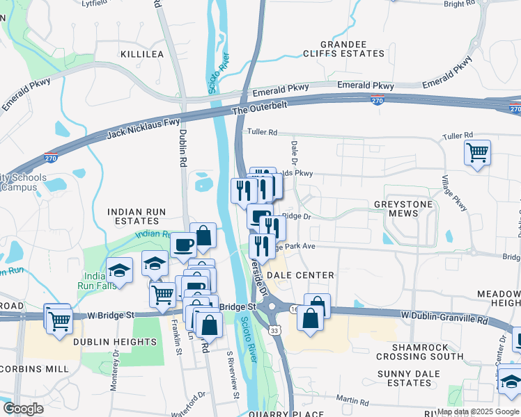 map of restaurants, bars, coffee shops, grocery stores, and more near 6741 Longshore Street in Dublin
