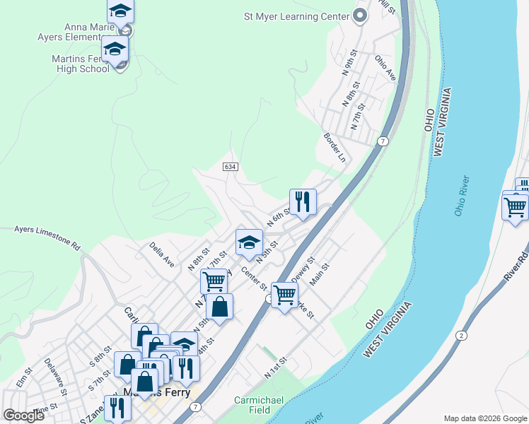 map of restaurants, bars, coffee shops, grocery stores, and more near 614 Reservoir in Martins Ferry