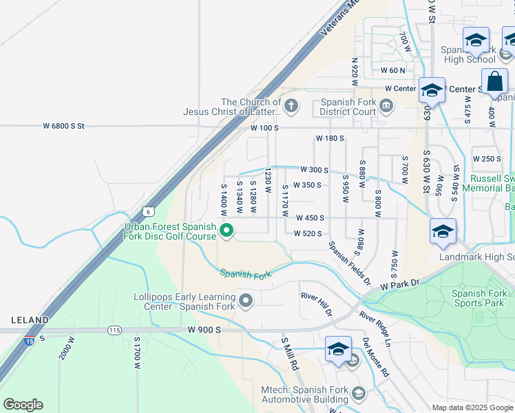 map of restaurants, bars, coffee shops, grocery stores, and more near 429 South 1280 West in Spanish Fork