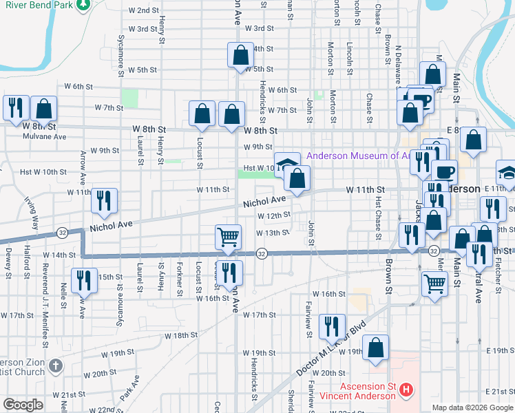 map of restaurants, bars, coffee shops, grocery stores, and more near 825 Nichol Avenue in Anderson
