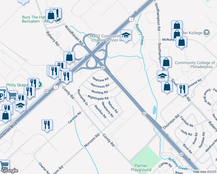 map of restaurants, bars, coffee shops, grocery stores, and more near 2843 Narcissus Road in Philadelphia