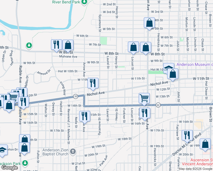 map of restaurants, bars, coffee shops, grocery stores, and more near 1504 West 12th Street in Anderson