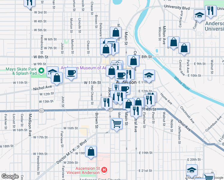 map of restaurants, bars, coffee shops, grocery stores, and more near 28 West 12th Street in Anderson