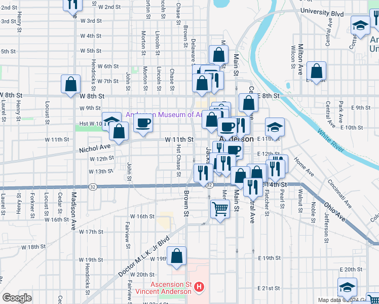 map of restaurants, bars, coffee shops, grocery stores, and more near 204 West 12th Street in Anderson