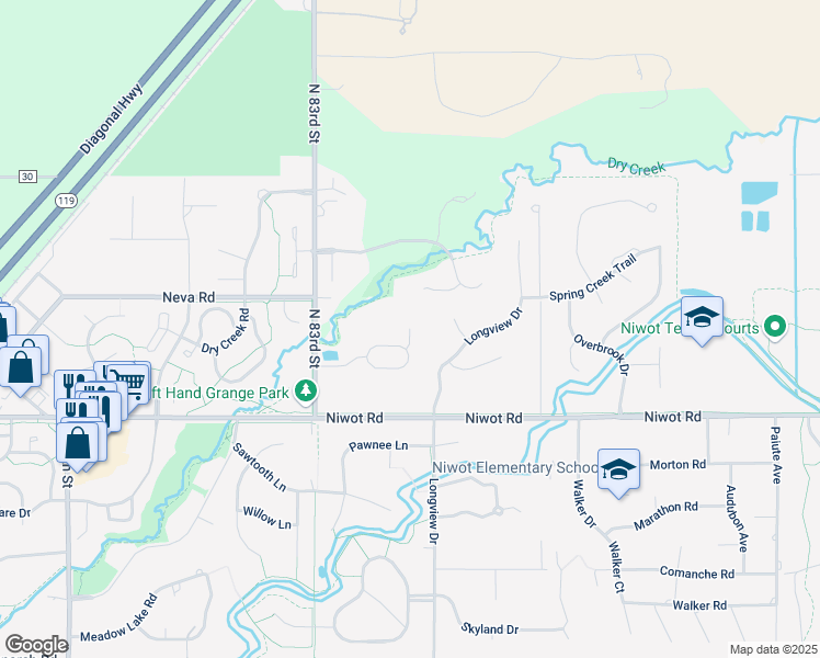 map of restaurants, bars, coffee shops, grocery stores, and more near 7199 Stable Drive in Longmont