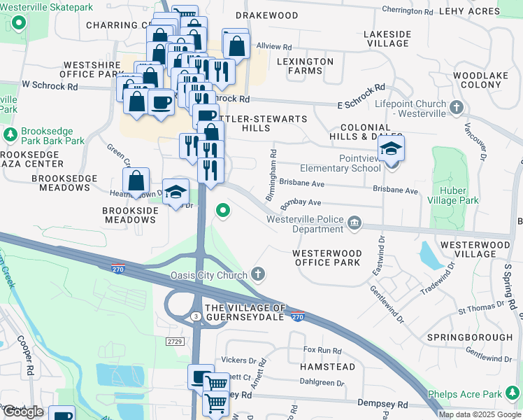 map of restaurants, bars, coffee shops, grocery stores, and more near 133 Huber Village Boulevard in Westerville