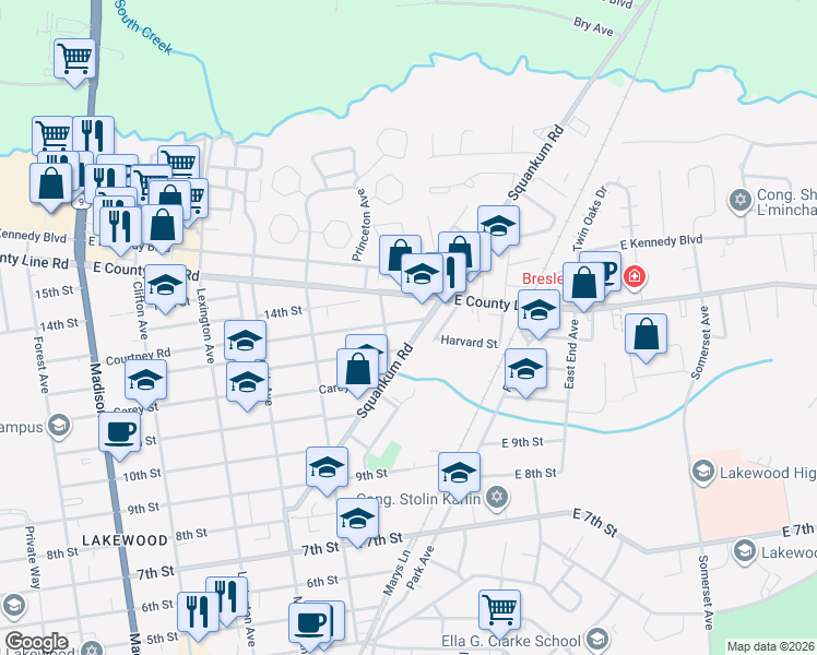 map of restaurants, bars, coffee shops, grocery stores, and more near 8 East 13th Street in Lakewood