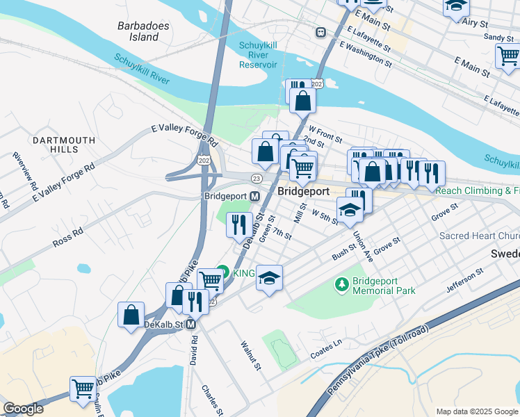 map of restaurants, bars, coffee shops, grocery stores, and more near 612 DeKalb Street in Bridgeport