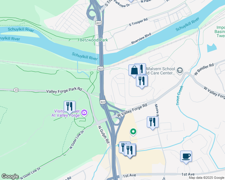 map of restaurants, bars, coffee shops, grocery stores, and more near 1084 Old Forge Lane in King of Prussia