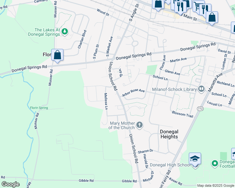 map of restaurants, bars, coffee shops, grocery stores, and more near 562 Union School Road in Mount Joy