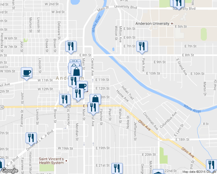 map of restaurants, bars, coffee shops, grocery stores, and more near 1212 Pearl Street in Anderson