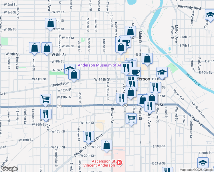 map of restaurants, bars, coffee shops, grocery stores, and more near 231 West 12th Street in Anderson