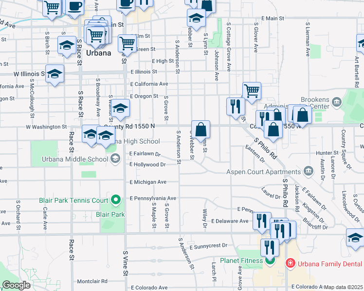 map of restaurants, bars, coffee shops, grocery stores, and more near 1008 South Anderson Street in Urbana