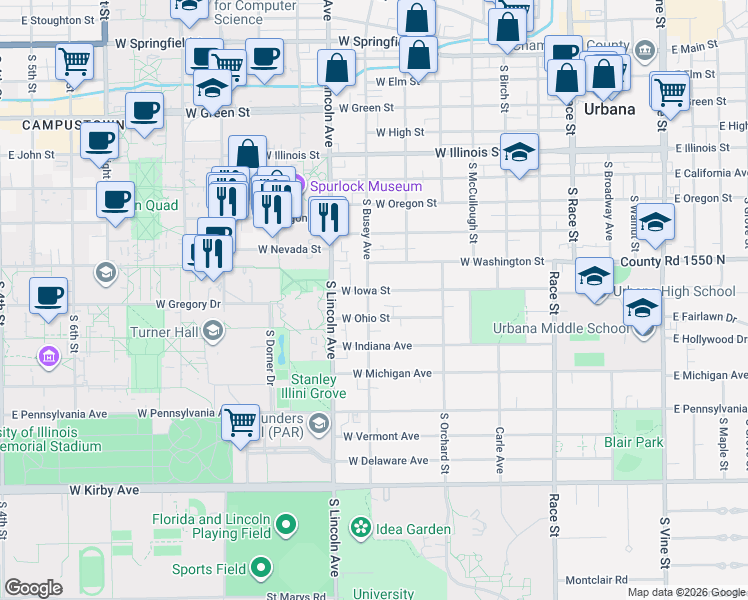 map of restaurants, bars, coffee shops, grocery stores, and more near 1007 South Busey Avenue in Urbana