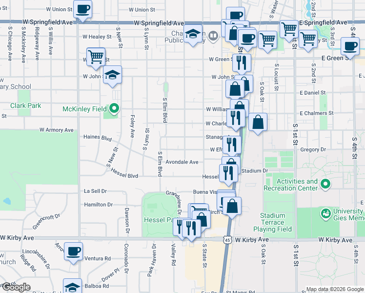 map of restaurants, bars, coffee shops, grocery stores, and more near 311 West Ells Avenue in Champaign