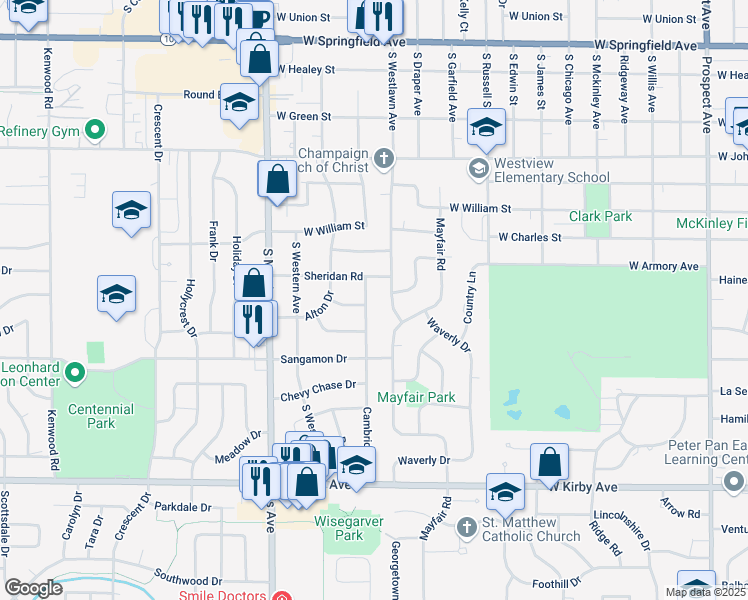 map of restaurants, bars, coffee shops, grocery stores, and more near 1202 Cambridge Drive in Champaign