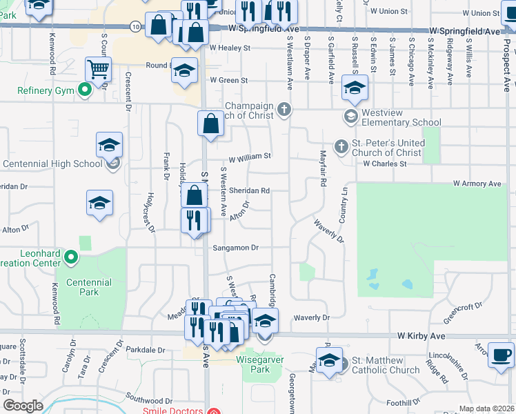 map of restaurants, bars, coffee shops, grocery stores, and more near 1607 Oxford Drive in Champaign