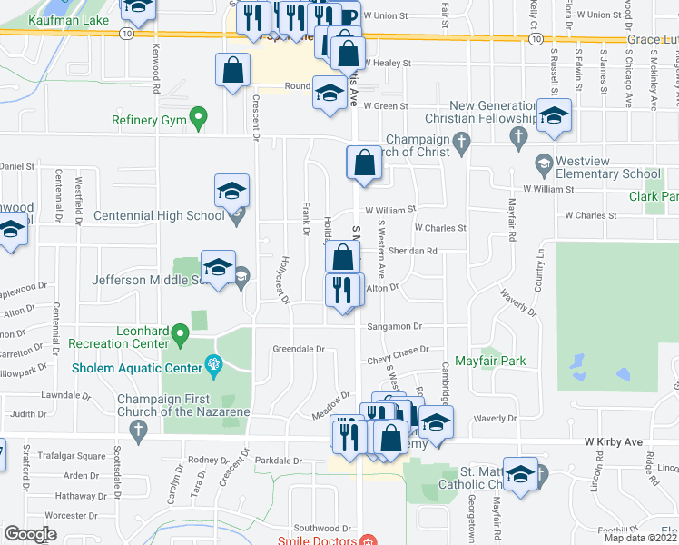 map of restaurants, bars, coffee shops, grocery stores, and more near 1106 Holiday Drive in Champaign