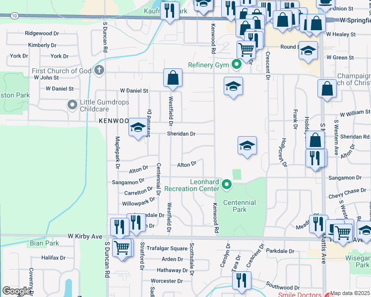 map of restaurants, bars, coffee shops, grocery stores, and more near 1012 Scottsdale Drive in Champaign